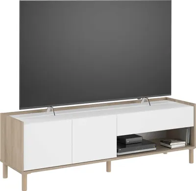 Image de Meuble TV - MORPHOS - Blanc /Reproduction chêne - 150 x 47,3 x 40 cm - PARISOT