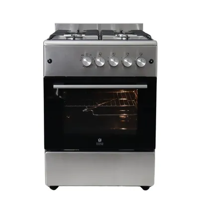 A stainless steel gas stove with an oven, photographed against a white background.