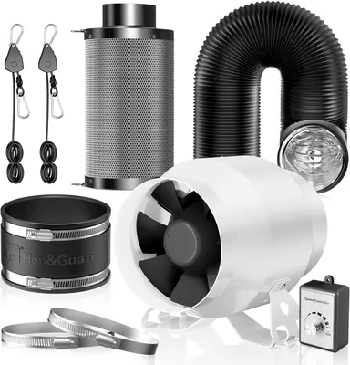 Imagen del producto de Kit de extracción de aire - Kit de ventilación - Ventilador de conducto - Kit de filtro de carbón activado - Kit de extracción - 100 mm con regulador de velocidad