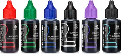 Immagine prodotto di Inchiostri per timbri 6x 30 ml  per tamponi e timbri autoinchiostranti senza olio, set con nero, blu, verde, rosso, viola, turchese