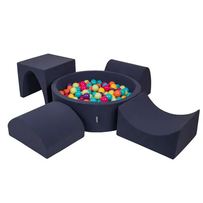 Obrázok produktu pre KiddyMoon Mäkké penové ihrisko pre deti s guľatým loptičkovým ihriskom (300 ∅ 7 cm) s mäkkými prekážkami a loptičkovým bazénom,  vyrobené v EÚ, Tmavomodrá:HelZelená/Žltá/Türkis/Orange/DRu