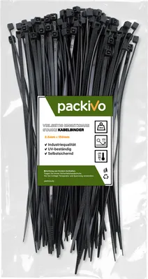 Produktbild von PACKIVO Profi Kabelbinder 2,5 x 150mm schwarz starke Kabelbinder Industriequalität UV Beständig Zugfestigkeit 8Kg für Kabelmanagement, DIY