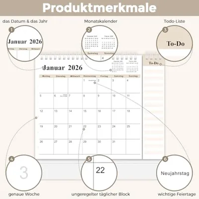 Tischkalender 2025-2026 mit Monatsansicht