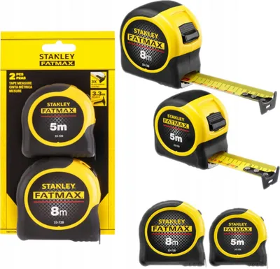 A product packaging with two tape measures, and two additional tape measures shown separately.