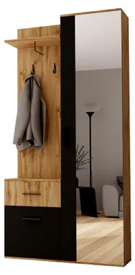 Produktbild von Garderoben-Set Jarelin, Kompaktgarderobe mit 2 Kleiderhaken, Stangen und Ablage, Wandgarderobe, Flurgarderobe, Schrank, Schuhschrank (mit Spiegel, Wotan Eiche/Schwarz)