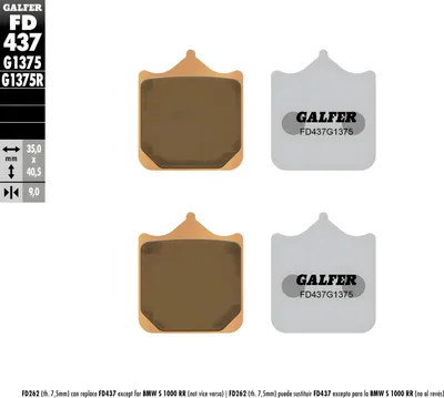Immagine prodotto di Set pastiglie freno Galfer 2x FD437G1375 in metallo sinterizzato SPORT anteriori per BMW S R RR HP4 Race 1000 cc, anno di costruzione 2009 - 2023
