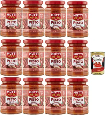 Produktbild von Mutti Pesto Rosso Pomodori Rossi Rotes Tomatenpesto Pasta Sauce 100% italienische Tomate Glas 12x 180g Würzsaucen mit Mandeln, Tomaten,getrockneten Samen und Grana Padano + Italian Gourmet polpa 400g