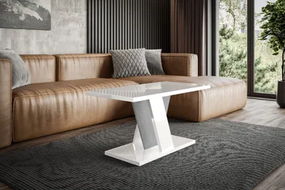 Produktbild von ALTDECOR Couchtisch, Kaffeetisch, ideal als Sofatisch oder Wohnzimmertisch, solide Konstruktion aus Möbelplatte, 110x70x60 cm - Hochglanz Weiß / Betonoptik - INEYMINI