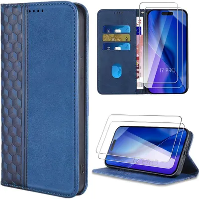 Image de Coque + 2 Verres Trempés pour iPhone 17 Pro, Antichoc Anti-Rayures Effet Cuir Motif Mosaïque Bleu Marine
