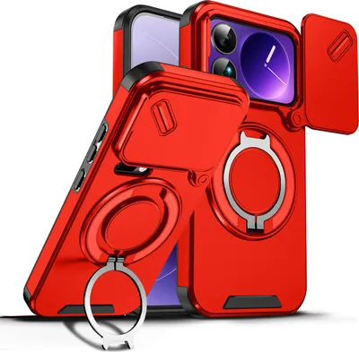 Image de Étui double couche pour Xiaomi 17 Pro, avec cache coulissant pour appareil photo et anneau magnétique rouge