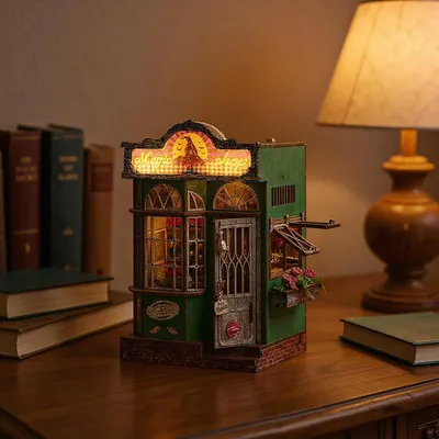 Image de Kit de bricolage Coin du livre avec lumière LED - puzzle en bois 3D, insert miniature pour bibliothèque, décoration créative de maison de poupée pour adultes et adolescents (design magasin de magie)