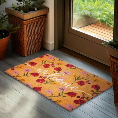 Image de Paillasson BRUBAKER pour l'extérieur et l'intérieur - Welcome avec fleurs roses et rouges - 45 x 75 cm Tapis de propreté en coco - Paillasson pour la porte d'entrée
