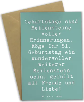 Produktbild von Mr. & Mrs. Panda Grußkarte Spruch 81. Geburtstag Meilenstein - Meeresbrise - Geschenk, einladungskarten, Glückwunsch, persönliche Geschenke, hochzeitskarten, Glückwünsche