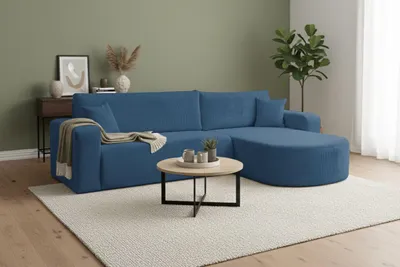 Image de VENASI TOKIO Canapé d'angle avec fonction couchage et coffre de rangement en velours côtelé – Canapé-lit Canapé d'angle Canapé Bleu