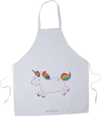 Produktbild von Mr. & Mrs. Panda Kochschürze Einhorn Happy - Weiß - Geschenk, Küchenzubehör, Grillschürze, Schürze, Einhörner, Lächeln, Latzschürze, Backschürze, Unicorn, Lebensfreude