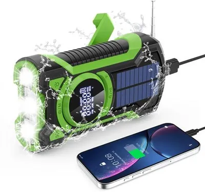 Obrázok produktu pre Unyqoos® Nouzové rádio, vodeodolné (IP65) – solárne napájanie a ručná kľuka, powerbanka 5000 mAh, príjem AM/FM/SW/NOAA, Bluetooth V5.3, USB-C, SOS funkcia a LED lampa