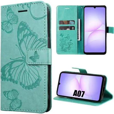 Image de Coque pour Samsung Galaxy A07, Protection Flip Case Antichoc en Simili Cuir Motif Papillons - Vert