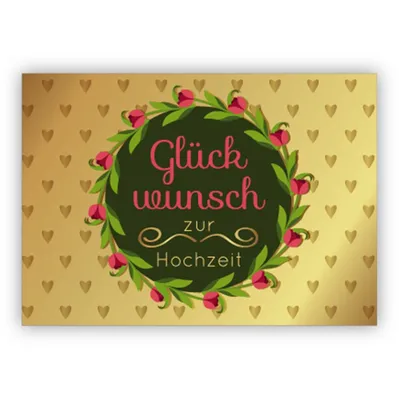 Produktbild von Edle Hochzeitskarte mit Herzen und Blumenkranz: Glückwunsch zur Hochzeit