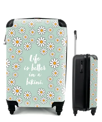 Produktbild von MuchoWow® Koffer Handgepäck Trolley Rollkoffer Kleine Reisekoffer mit 4 Rollen - Das Leben ist besser im Bikini - Blumen - Grün - Zitat - Cabin Size < 55x40x23 cm & 55x40x20 cm - Fotokoffer - Kabinenkoffer - Boardgepäck - Reise-Box - Reisekoffer - Reisegepäck - Koffer mit Bild - Trolley für Kinder