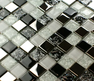 Immagine prodotto di Mosaico di vetro nero e argento "MONTE 2", piastrella di mosaico per parete, mosaico nero per cucina e bagno