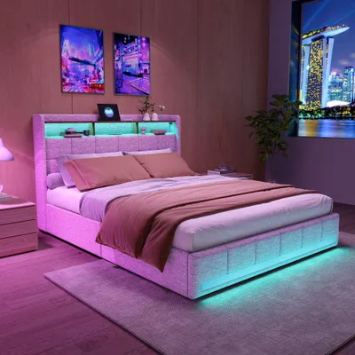 Image de Lit double - Lit avec rangement - Lit avec tiroirs - Lit avec éclairage LED - Lit avec ports USB - 160x200 cm