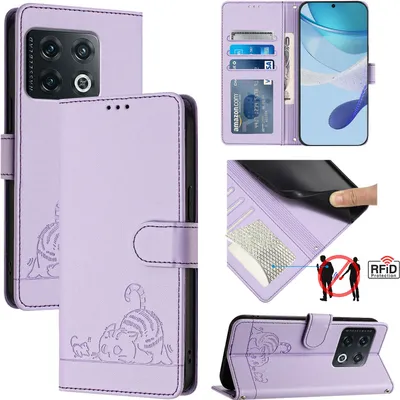 Produktbild von Leder Hülle für OnePlus 10 Pro Süße Katze Flip Case Brieftasche Schutzhülle mit Standfunktion Lila