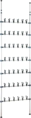 A tall, multi-tiered shoe rack with a telescopic design, featuring multiple horizontal bars equipped with clips for holding shoes.