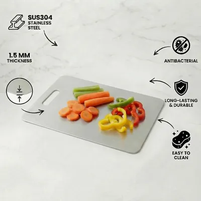 Obrázok produktu pre Hermia Concept, kvalitná doska na krájanie zo 100 % nerezovej ocele SUS304 (hrúbka 1,5 mm), 24 x 34 cm | Antibakteriálna a ľahko čistiteľná | Elegantný strieborný dizajn do vašej kuchyne.