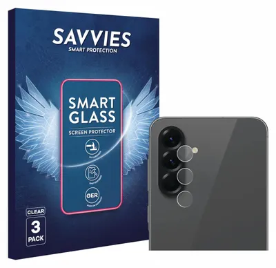 A product box for screen protectors is shown next to a smartphone with camera lens protectors applied.