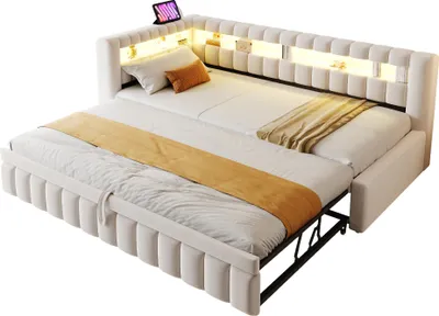 Produktbild von Merax Polsterbett 90×200cm mit Ausziehbett, Tagesbett mit LED und Kopfteil-Ablagen, Schlafsofa mit USB-Ladeanschluss,Kinderbett mit Samtstoff Beige