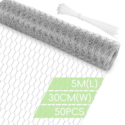 Productafbeelding van Kippengaas, 30 cm x 5 m rol, gegalvaniseerde draadomheining met 50 kabelbinders