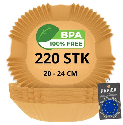 Image de 200/220 feuilles de papier de cuisson pour friteuses à air chaud, sans BPA, 20-24 cm | papier de cuisson carré (20-24 cm) et papier de cuisson plat (20 cm)