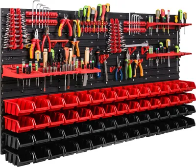 Image de Système de rangement Étagère d'atelier | 156 x 78 cm | 60 pièces Boîte | Étagère murale avec supports pour outils et boîtes empilables - Panneaux muraux Étagère à bacs extra-robuste Panneau perforé pour outils Étagère de rangement Étagère de garage