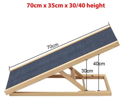 Produktbild von Verstellbare Hunderampe - Holz Sicherheitsrampe für Hund und Katze - 70 cm - Klappbar - Rutschfeste Teppichoberfläche - Höhenverstellbar für Auto Sofa Bett