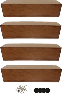 Four wooden furniture feet are stacked vertically against a white background. A small pile of screws and four felt pads are shown at the bottom.