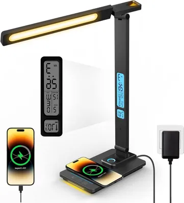 Zdjęcie produktu dla Lampa biurkowa LED - Regulowana jasność - Przyjemna dla oczu podczas czytania - Wbudowana bezprzewodowa ładowarka - Wysokość 34 cm - Biała