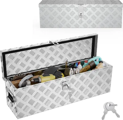 Image de Boîte de rangement FIVMEN Boîte en aluminium 800 x 220 x 225 mm, caisse à outils en aluminium avec serrure et 2 clés, coffre de remorque robuste et verrouillable, stable et étanche (argent)