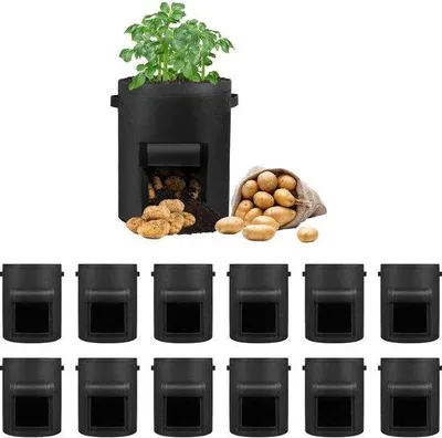 Produktbild von Unyqoos® 12er-Set Pflanzsäcke mit Sichtfenster und verstärkten Tragegriffen, dicker Vliesstoff/Filz, 40 x 45 cm, 15 Gallon – für Kartoffeln, Tomaten, Blumen