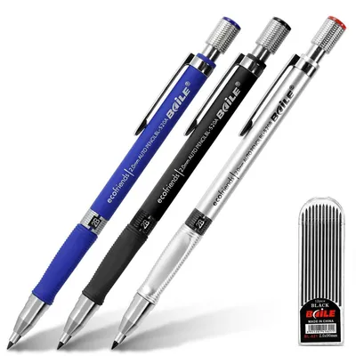 Obrázok produktu pre Sada mechanických ceruziek, 3 kusy, 2 mm, náplne HB, 12 kusov, kovové, vhodné pre študentov, kancelárie, technické kreslenie, farby: modrá, čierna, strieborná