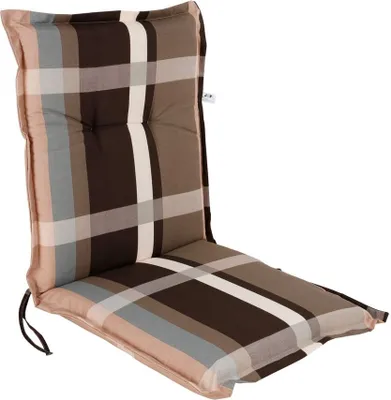 A chair cushion with a plaid pattern, isolated on a white background.