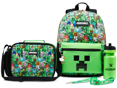 Produktbild von Minecraft Rucksack Kinder 5 Teilige Sets mit Lunchtasche Trinkflasche und Federmäppchen Turnbeutel oder Schlüsselanhänger Lanyard Gamer Geschenks (Grün AOP) – Rucksack-Set 5-teilig