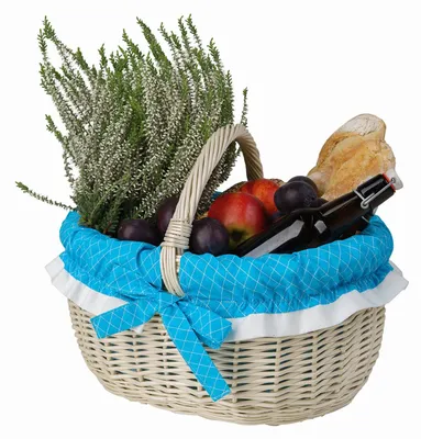 Produktbild von Werburga Weidenkorb zum Einkaufen mit blauem Besatz und Griff TheWickerStories