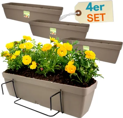 Produktbild von 4er Set Blumenkasten Balkongeländer Balkon Blumenkasten Balkonkasten mit Halterung Balkonkasten Geländerkästen Balkonkasten mit Wasserspeicher 60 cm