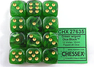 Obrázek produktu pro Sada kostek Chessex W6x12 Vortex zelená/zlatá