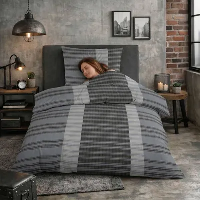 Produktbild von Seersucker Bettwäsche 2 tlg. 135 x 200 mit Reißverschluss Bettgarnitur Sommerbettwäsche Anthrazit Grau Gestreift