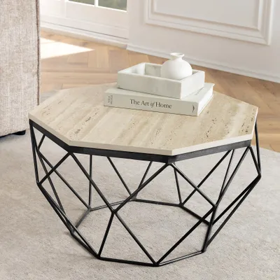 Produktbild von riess-ambiente Handgefertigter Couchtisch DIAMOND 70cm beige Travertin schwarz Eisen