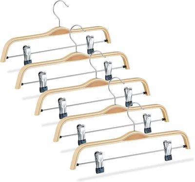Immagine prodotto di Porta pantaloni in legno - Set da 5 - Clip regolabili con gomma - Ganci girevoli a 360° - Larghezza 37 cm - Colore naturale