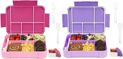 Produktbild von Bugucat Brotdose Kinder mit Fächern 1330ML 2er Set - Auslaufsicher & mit Besteck - Lunchbox Bento Box für Mädchen & Erwachsene in Rosa Lila
