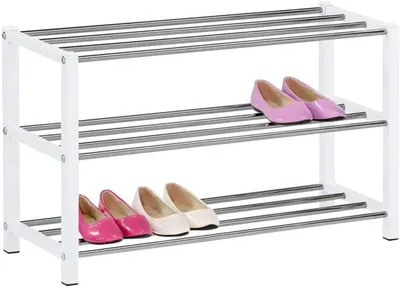 Produktbild von Azomor®️ Platzsparender weißer Schuhregal mit drei verchromten Regalen für den Eingangsbereich