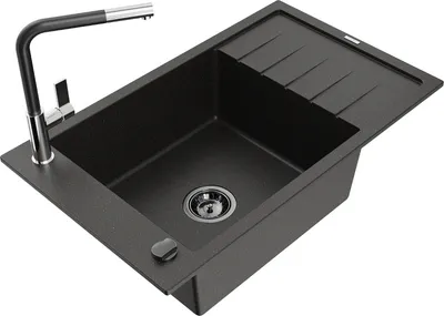 Produktbild von Mexen Elias 1 Becken-Granitspüle mit Abtropffläche und Mischbatterie Flora, Schwarz/Gold metallisch - 6511-75-670401-07-B